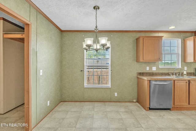902 Oak Village Ct, Dandridge, TN 37725 - kitchen featuring stainless steel dishwasher, a sink, crown molding, a chandelier, and a textured ceiling
