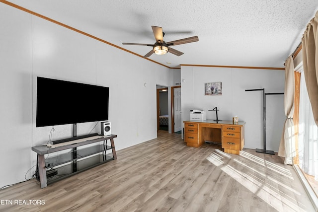 office area featuring light wood-style flooring, a textured ceiling, a ceiling fan, and crown molding