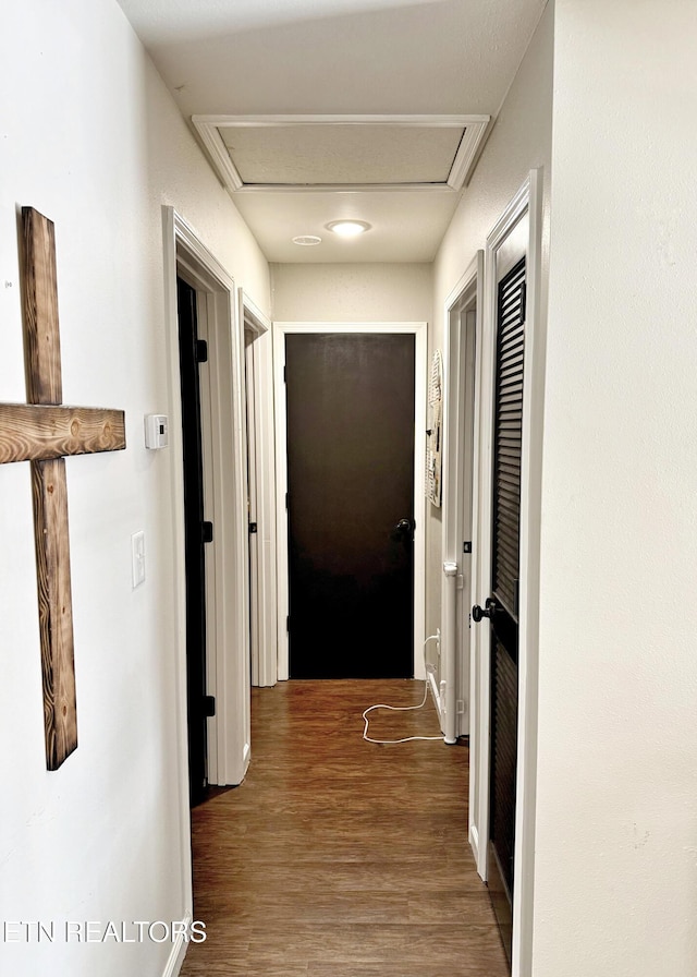 corridor featuring attic access and wood finished floors