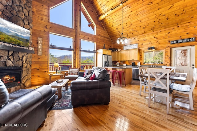 living area with wood walls, a fireplace, wood ceiling, and light wood-style floors