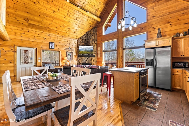 dining space featuring wooden walls, an inviting chandelier, wooden ceiling, and high vaulted ceiling