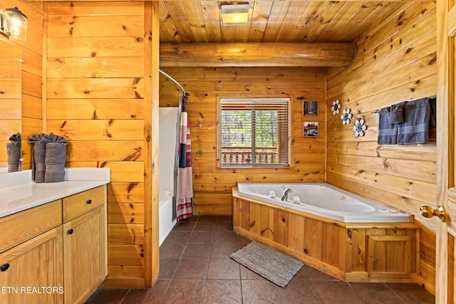 bathroom featuring tile patterned flooring, wooden ceiling, wooden walls, and shower / tub combo with curtain