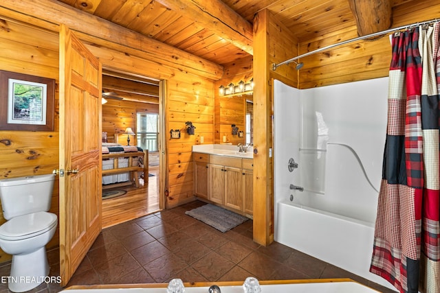 full bath featuring tile patterned flooring, wood walls, toilet, wooden ceiling, and shower / bathtub combination with curtain