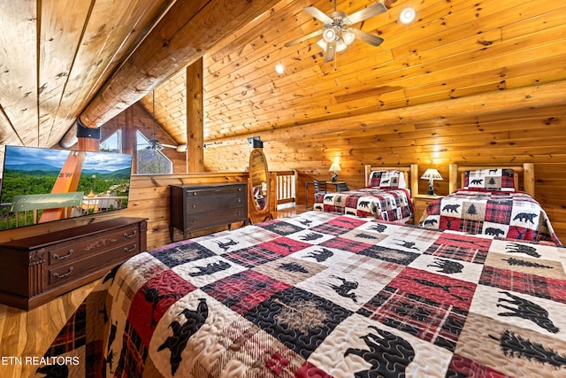 bedroom featuring wood ceiling, wood walls, and vaulted ceiling with beams