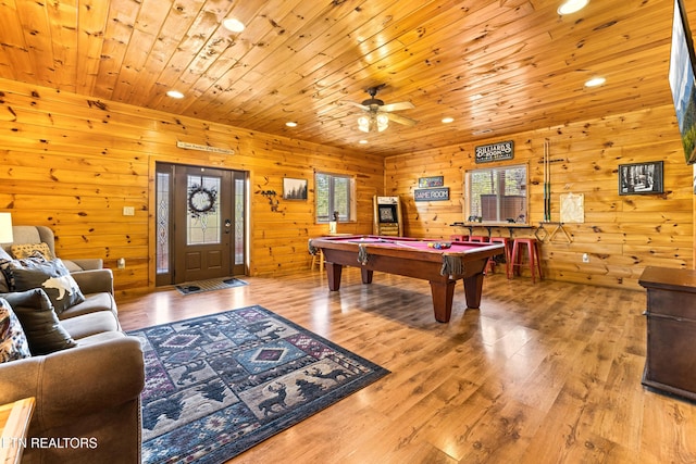 playroom featuring pool table, wooden ceiling, a ceiling fan, and wood finished floors