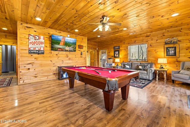 game room featuring wood finished floors, recessed lighting, ceiling fan, pool table, and wooden ceiling