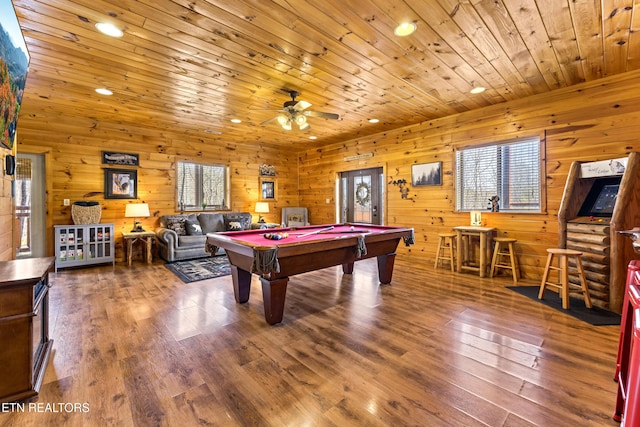 game room featuring ceiling fan, wood ceiling, recessed lighting, wood finished floors, and billiards