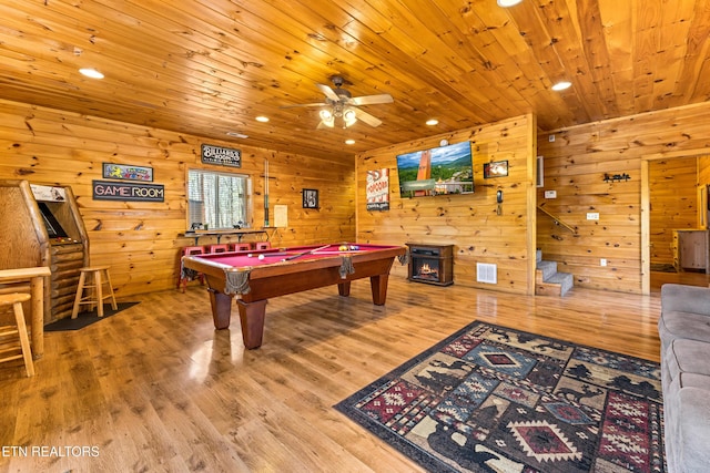 playroom featuring pool table, wooden ceiling, wood finished floors, and a ceiling fan