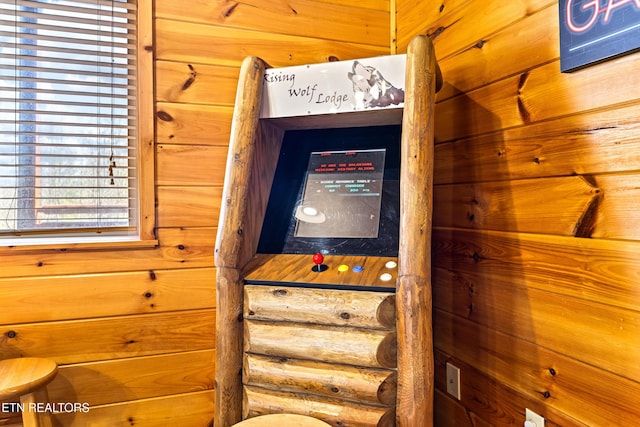 details featuring wood walls