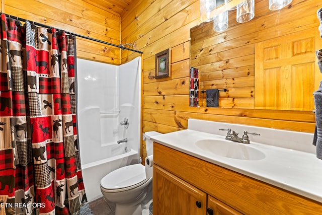 bathroom with tile patterned floors, shower / tub combo with curtain, toilet, wood walls, and vanity