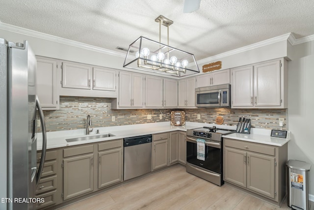 kitchen with light wood-type flooring, gray cabinetry, a sink, appliances with stainless steel finishes, and crown molding