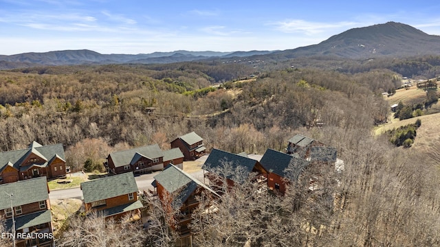 aerial view featuring a mountain view and a view of trees