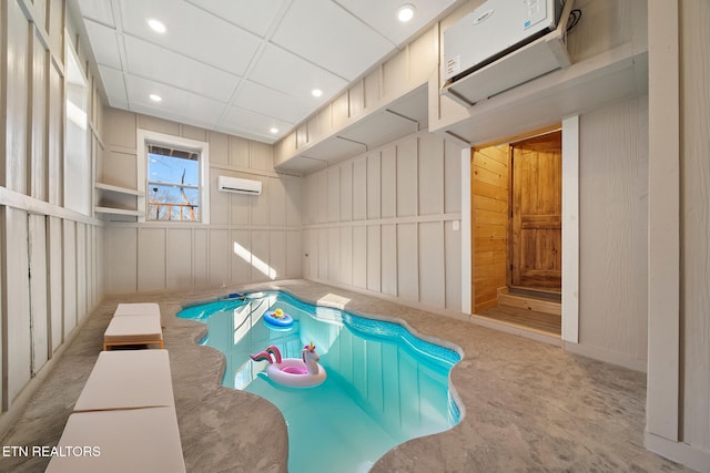 playroom featuring recessed lighting, an AC wall unit, a jacuzzi, and a wall mounted AC