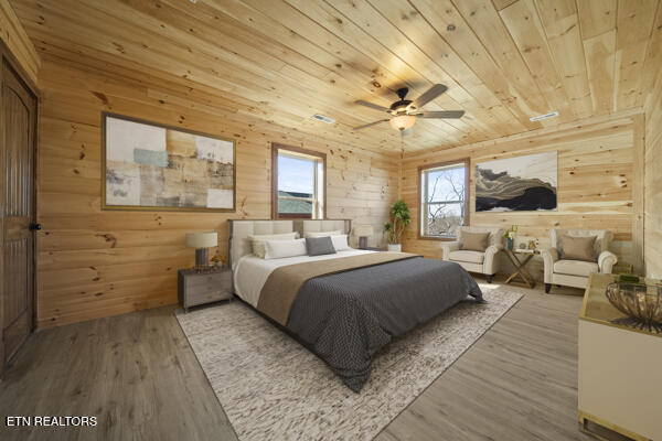 bedroom with a ceiling fan, wood ceiling, wooden walls, and wood finished floors