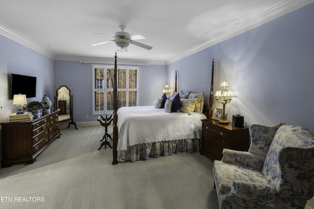 bedroom featuring light carpet, ceiling fan, and ornamental molding