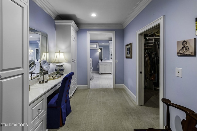 office featuring recessed lighting, light colored carpet, baseboards, and ornamental molding