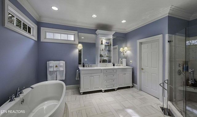 bathroom featuring a sink, baseboards, double vanity, and a shower stall