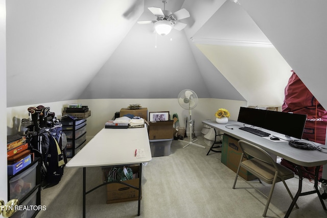 office with vaulted ceiling, carpet, and ceiling fan