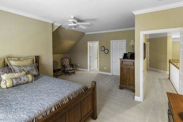 bedroom featuring baseboards, ceiling fan, ornamental molding, vaulted ceiling, and light carpet