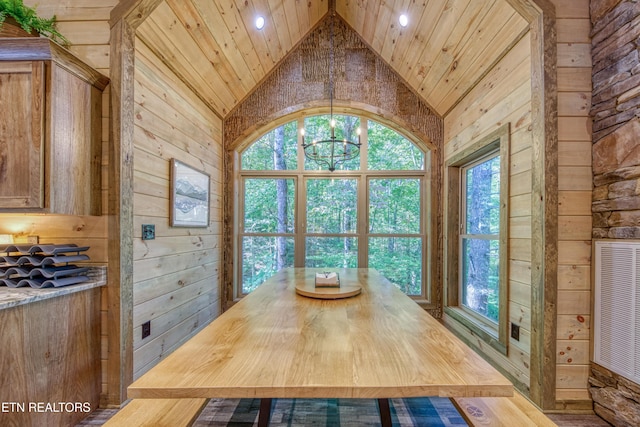 unfurnished dining area with high vaulted ceiling, visible vents, wood ceiling, wooden walls, and a chandelier