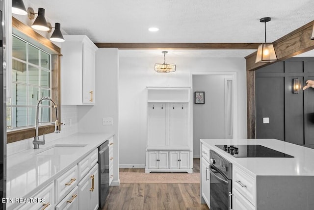 kitchen featuring light countertops, white cabinets, a sink, wood finished floors, and black appliances