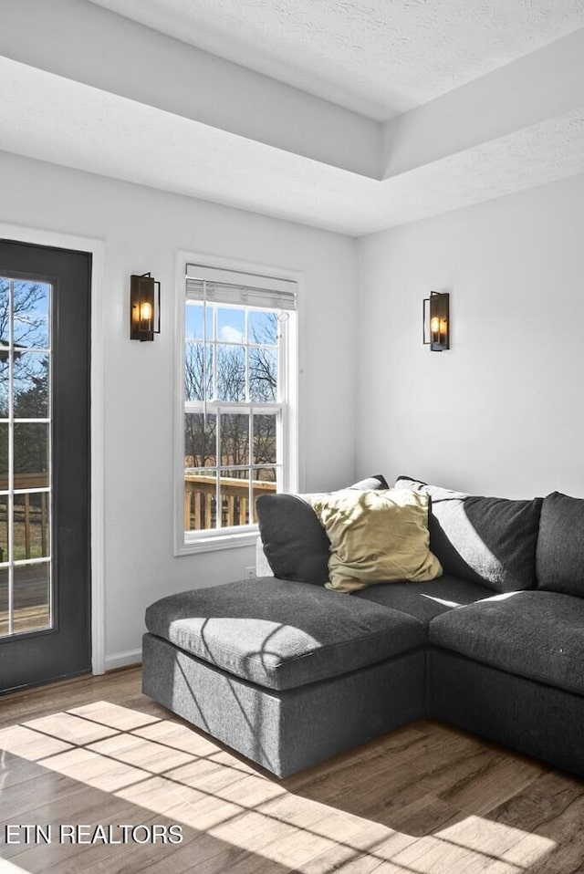 living area featuring a textured ceiling and wood finished floors