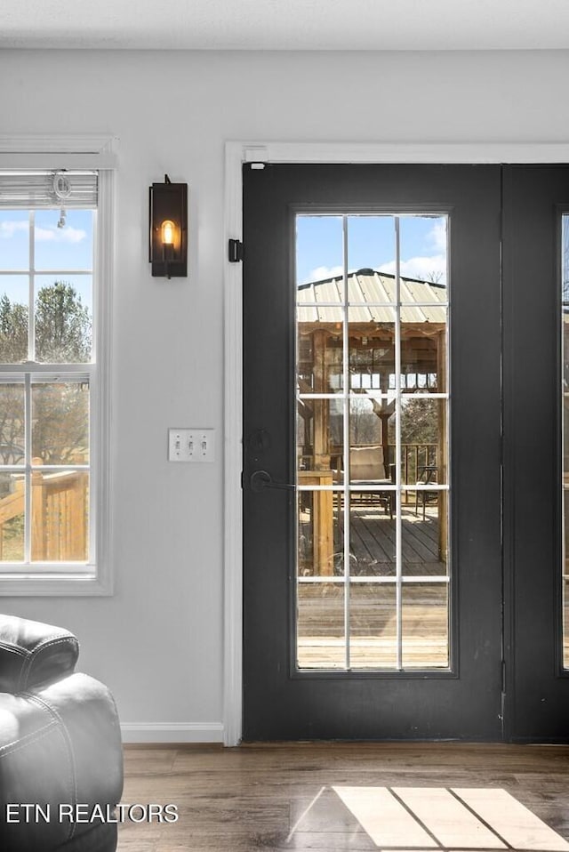 doorway with baseboards and wood finished floors