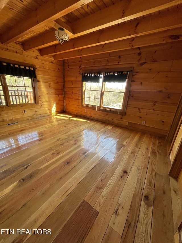 unfurnished room featuring a wealth of natural light, wood walls, wood-type flooring, and beam ceiling