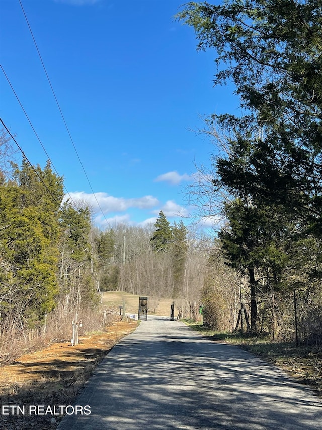 view of street featuring a wooded view