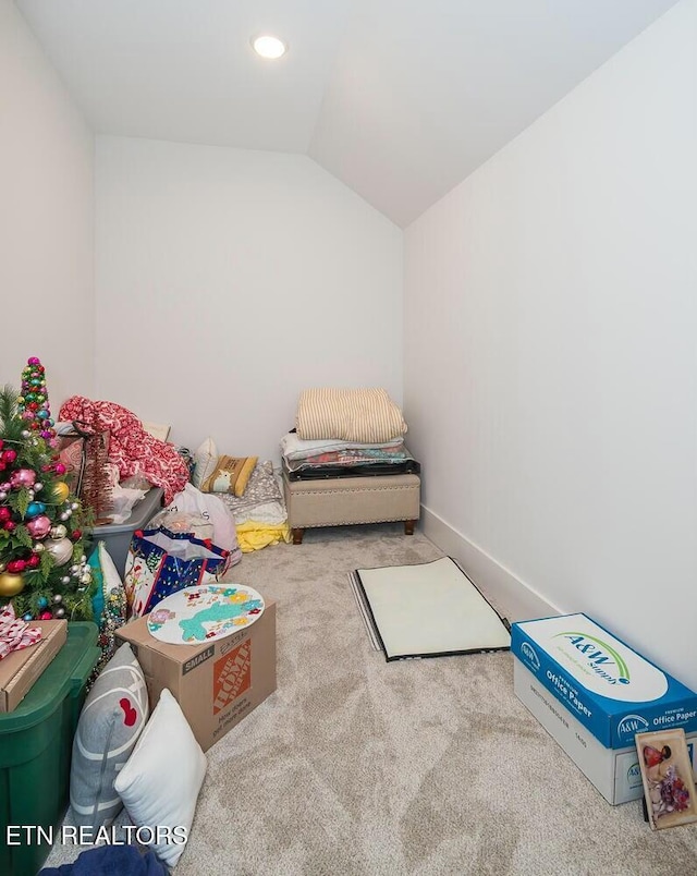 playroom with carpet floors, lofted ceiling, and recessed lighting