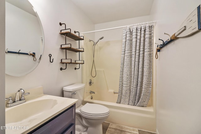 full bath with wood finished floors, vanity, toilet, and shower / tub combo with curtain