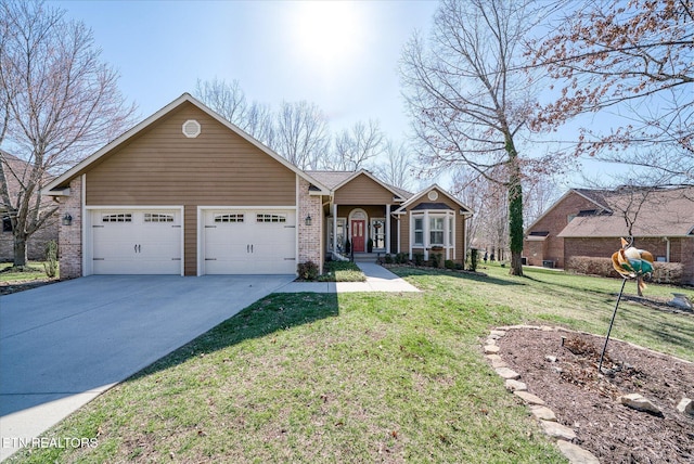 ranch-style house with brick siding, concrete driveway, a front yard, and a garage