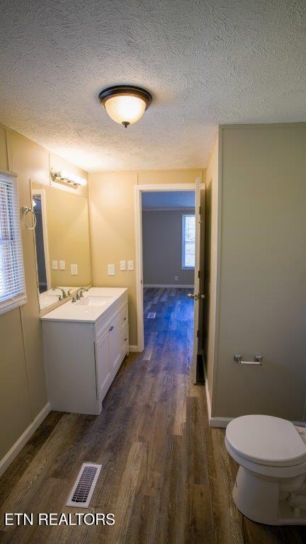 bathroom featuring a textured ceiling, vanity, wood finished floors, and visible vents