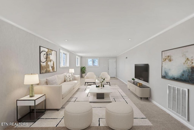 living room featuring crown molding, light colored carpet, visible vents, and baseboards