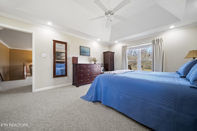 bedroom featuring ceiling fan, baseboards, light carpet, and ornamental molding