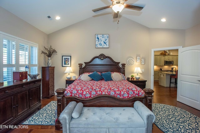 bedroom with lofted ceiling, recessed lighting, visible vents, ceiling fan, and wood finished floors