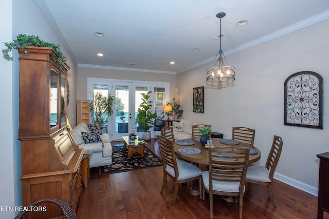 dining space featuring recessed lighting, baseboards, french doors, ornamental molding, and dark wood-style floors