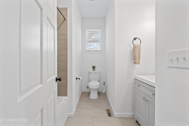 bathroom with visible vents, baseboards, toilet, shower / tub combination, and vanity