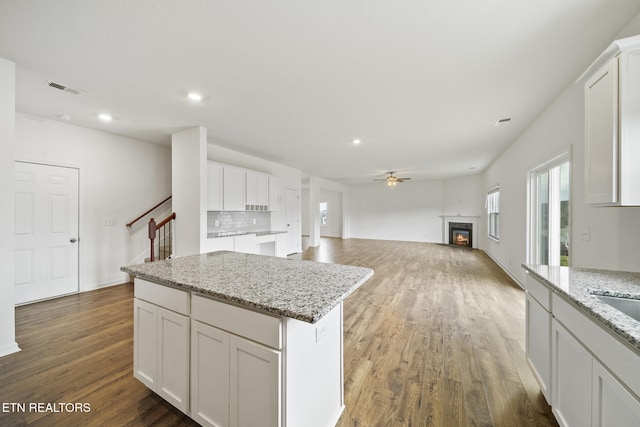 kitchen featuring a wealth of natural light, a warm lit fireplace, visible vents, and wood finished floors