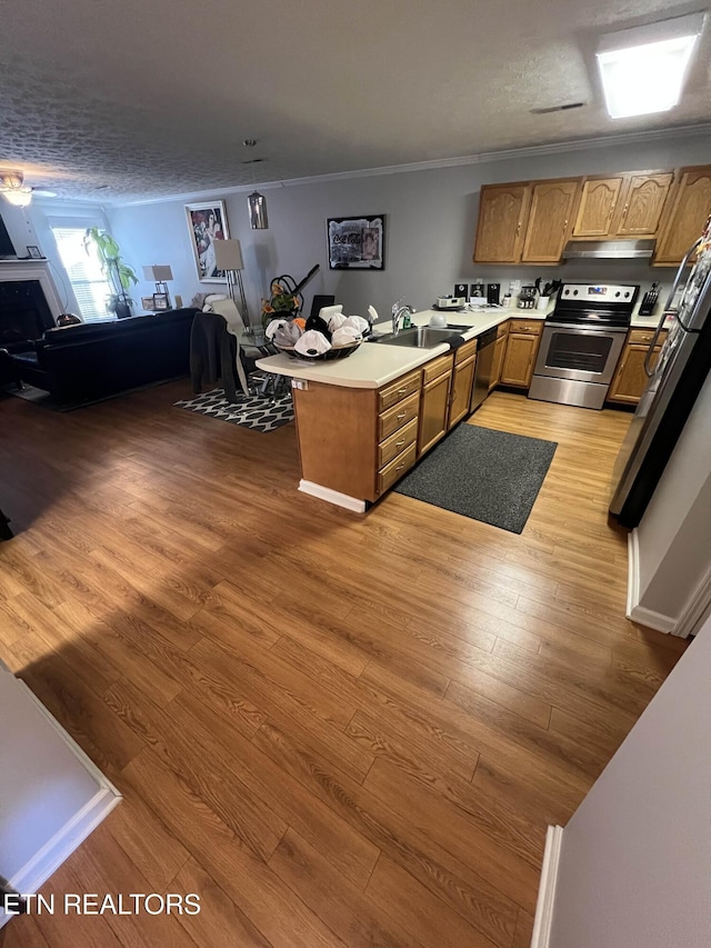 kitchen with appliances with stainless steel finishes, a peninsula, light countertops, light wood-type flooring, and a sink