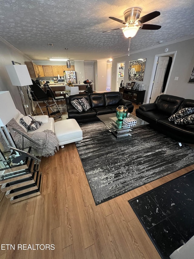 living area featuring ornamental molding, a ceiling fan, a textured ceiling, and wood finished floors