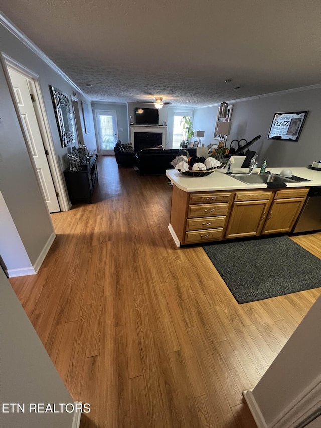 kitchen with crown molding, a fireplace, and wood finished floors