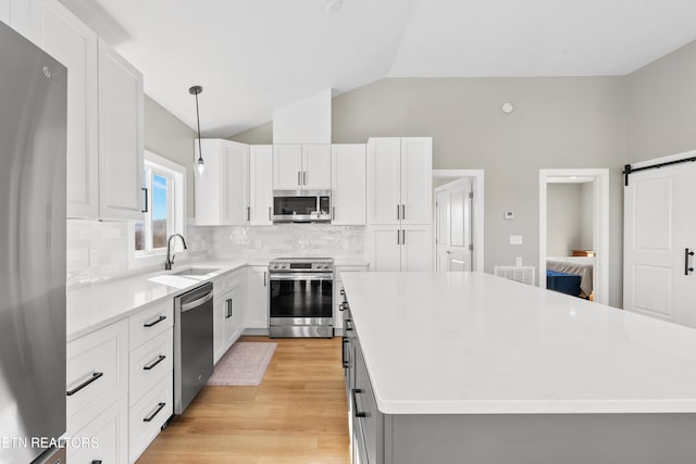 kitchen with a barn door, a center island, light countertops, stainless steel appliances, and a sink