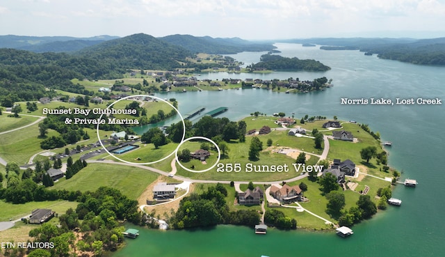 birds eye view of property with a water and mountain view