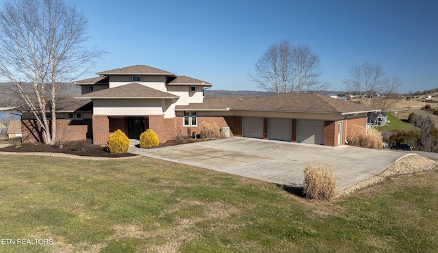 view of front facade featuring a garage, driveway, brick siding, a front lawn, and stucco siding