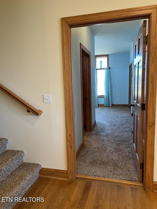 corridor featuring wood finished floors, stairway, carpet flooring, and baseboards