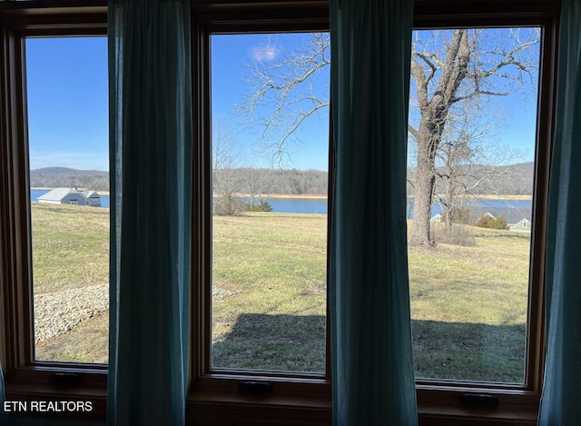 interior details with a water view