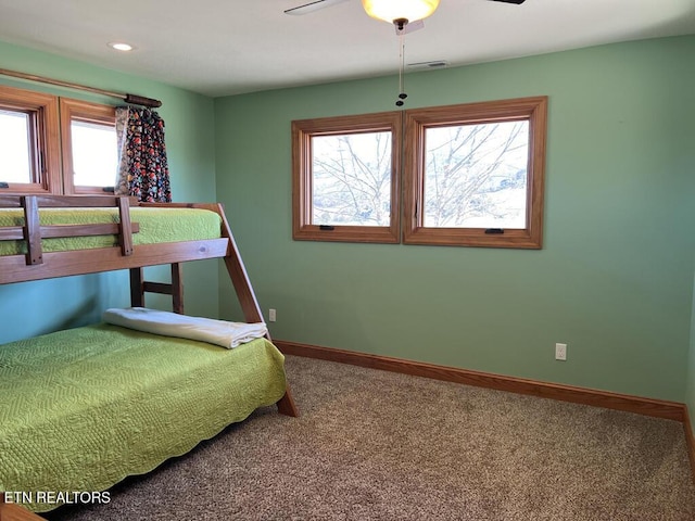 bedroom with baseboards, visible vents, a ceiling fan, carpet flooring, and recessed lighting