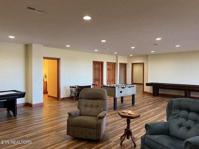 game room featuring recessed lighting, visible vents, and dark wood finished floors