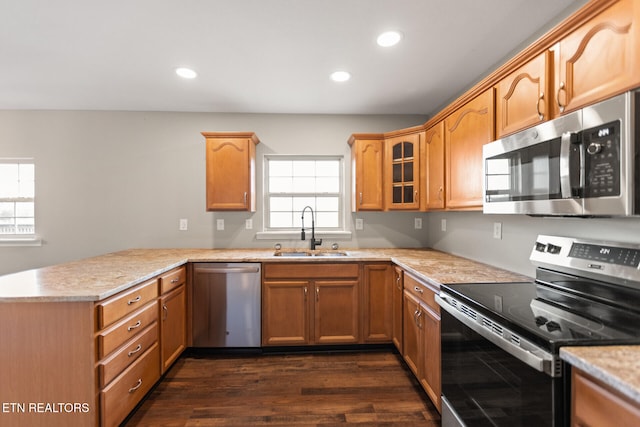 kitchen with dark wood-style floors, a peninsula, stainless steel appliances, a sink, and recessed lighting